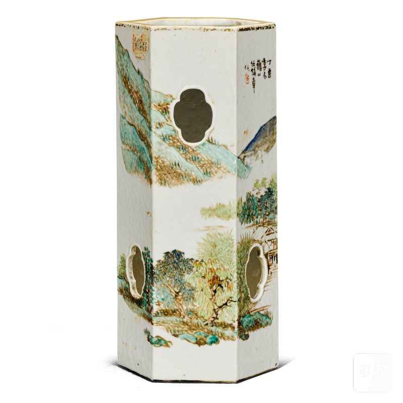 清光绪 任焕章浅绛山水六方帽筒